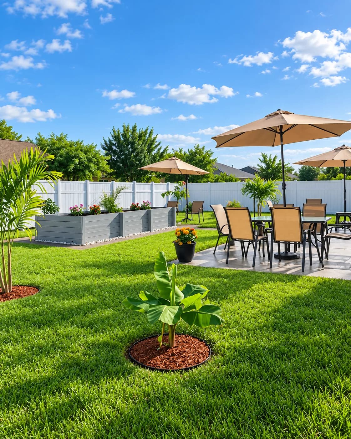 Backyard garden and patio at Love ALF